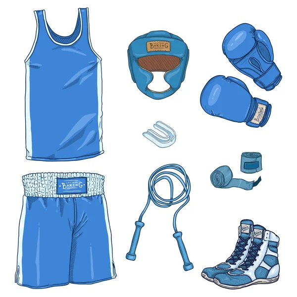 Vektorová Sada Cartoon Blue Boxing Equipment Helma Uniforma Rukavice Ruční — Stockový vektor