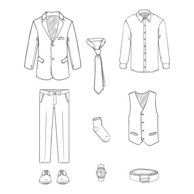 Sketch Business Style Clothes Set. Üç Parça Takım Elbise Vektörü İllüstrasyonu.
