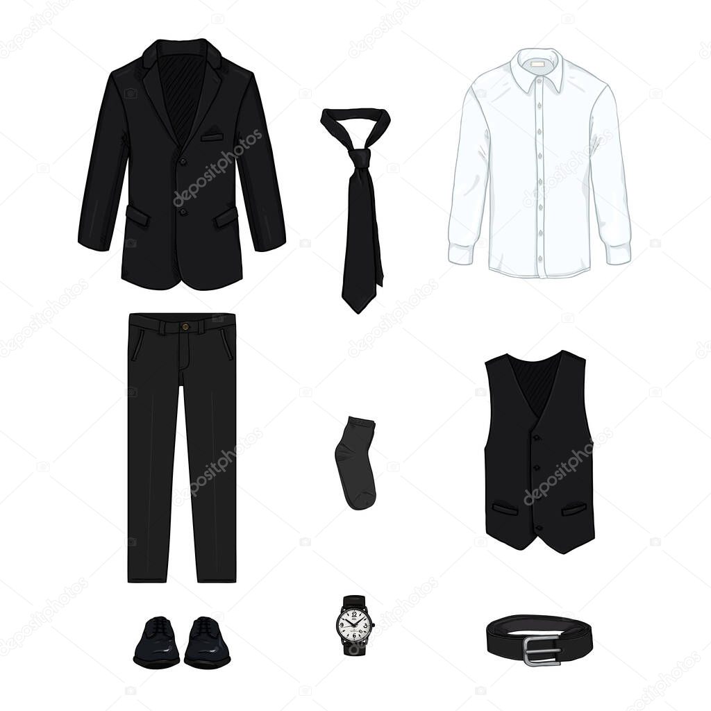 Black Business Style Clothes Set. Three-piece Suit Vector Cartoon Illustration.