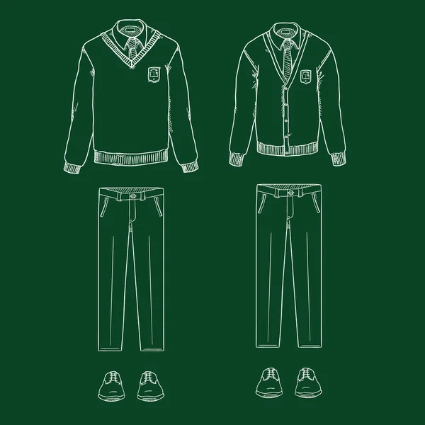 Vector Chalk Sketch Set School Uniform Clothes Cardigan Pullover Trousers — Stock Vector
