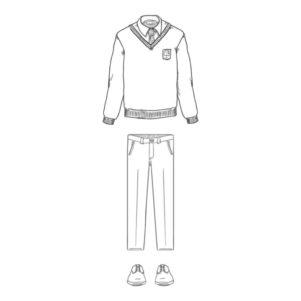 Vector Sketch Set Abbigliamento Uniforme Scolastico Pullover Pantaloni Scarpe — Vettoriale Stock