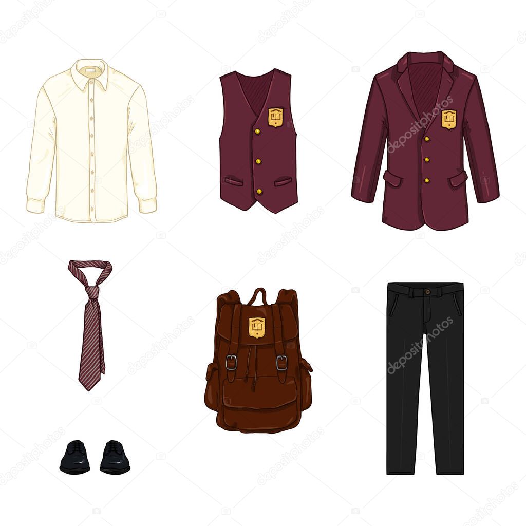 Vector Cartoon Set of School Uniform Clothing and Accessories. Red Clothes, Black Trousers and Shoes and Brown Backpack.