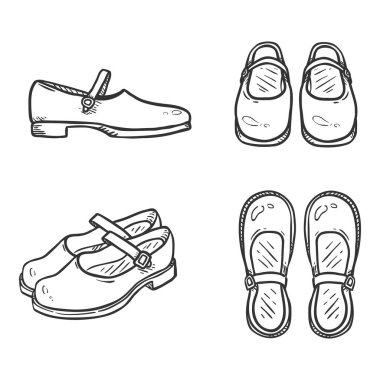 Vector Set of Sketch Leather Women Clasp Shoes. Female School Uniform Footwear