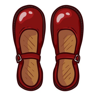 Women Clasp Shoes of Red Leather. Cartoon Illustration of Vintage Female Footwear