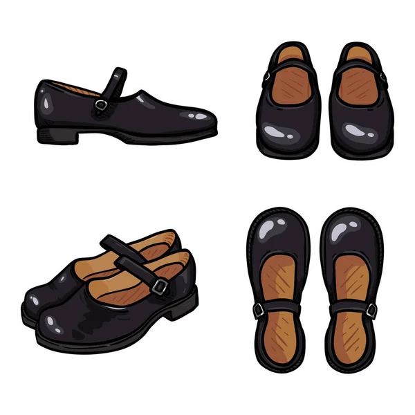 Vector Set Cartoon Black Leather Women Clasp Shoes Female School — 图库矢量图片