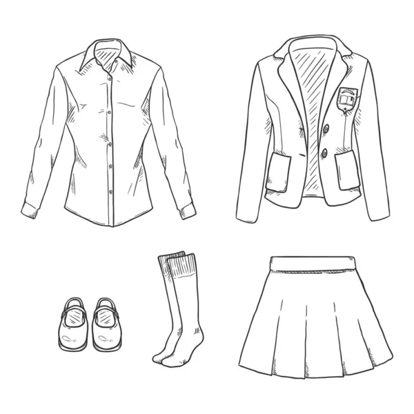 Vector Set Sketch School Girl Uniform Illustrations — 图库矢量图片