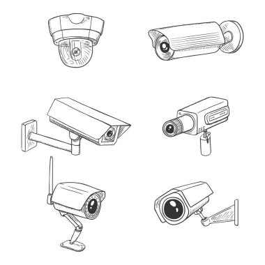 CCTV Illustrations seti. Sketch Güvenlik Kameraları. Video İzleme Ekipmanı.