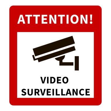 Güvenlik kamerası simgesi ve metni ile kırmızı alarm - Dikkat, video izleme.