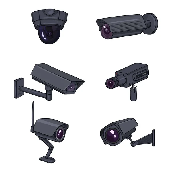 Een Set Cctv Illustraties Cartoon Black Beveiligingscamera Videobewakingsapparatuur — Stockvector