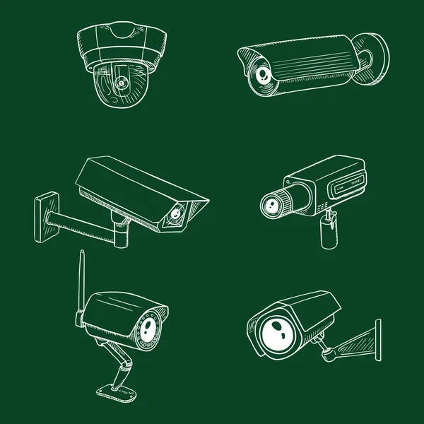 Σύνολο Cctv Εικονογραφήσεις Κιμωλία Σκίτσο Κάμερες Ασφαλείας Εξοπλισμός Παρακολούθησης Βίντεο — Διανυσματικό Αρχείο
