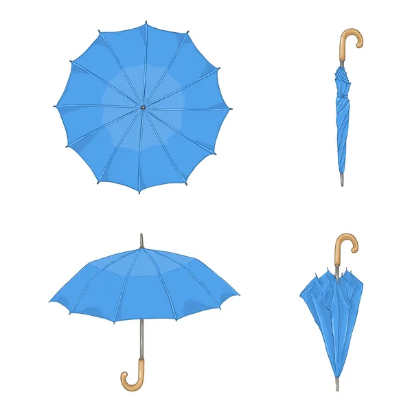 Vector Set Cartoon Blue Umbrellas Different View Variation — Stock Vector