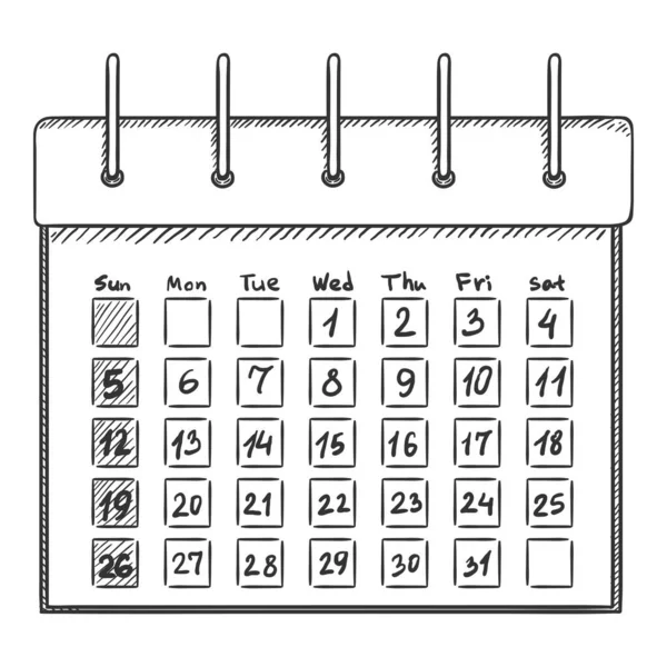 日付と平日のスケッチカレンダー ベクターハンドドローイラスト — ストックベクタ