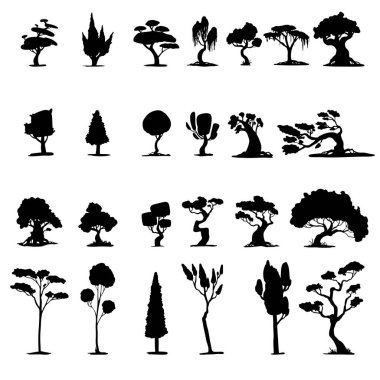 Hayali Ağaçlar siluetlerinin vektör kümesi. Doodle Ormanı Şekilleri.