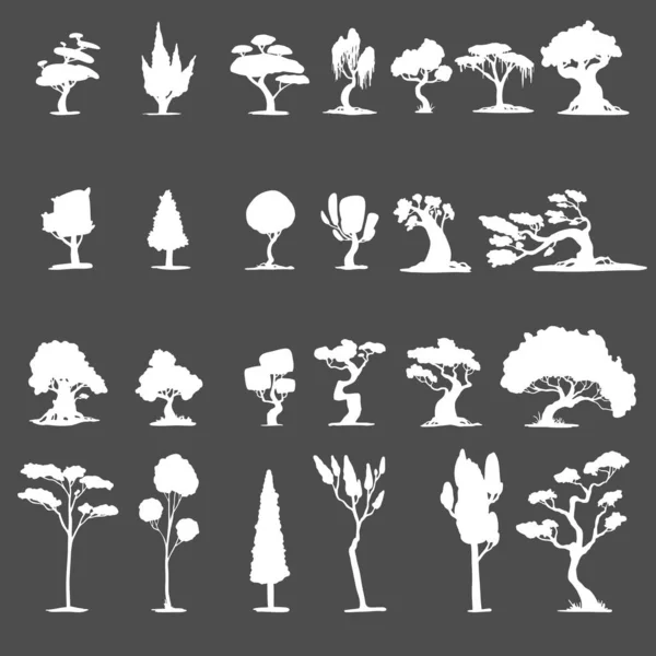 Ensemble Vectoriel Arbres Imaginaires Silhouettes Blanches Formes Forêt Caniche — Image vectorielle