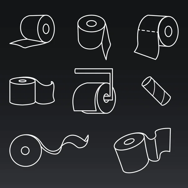 Vector Set Toilet Paper White Line Icons Black Background — 스톡 벡터