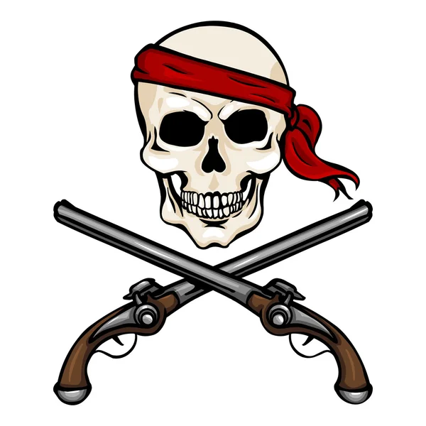 Pirate κρανίο σε κόκκινο φουλάρι με σταυρό πιστόλια — Διανυσματικό Αρχείο