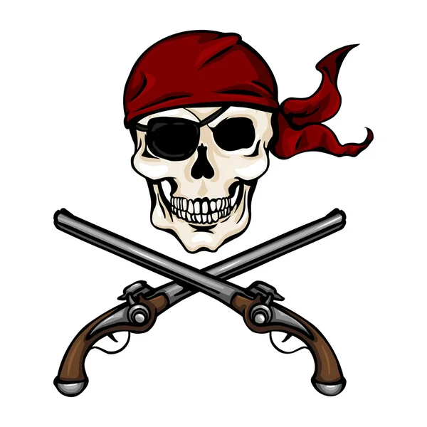 Cráneo Pirata en Bandana Roja con Pistolas Cruzadas — Vector de stock