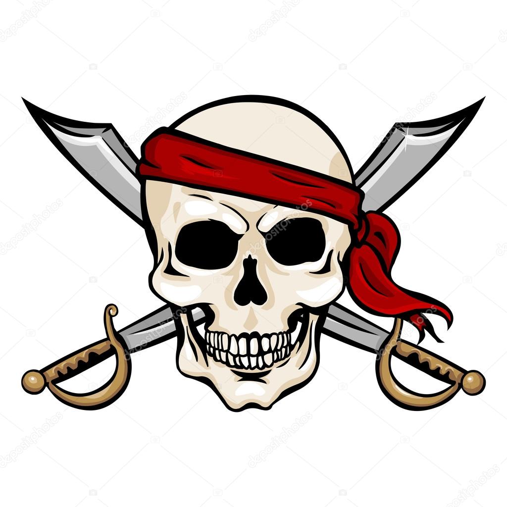 Single Cartoon Pirate Skull in Red Bandana with Cross Swords