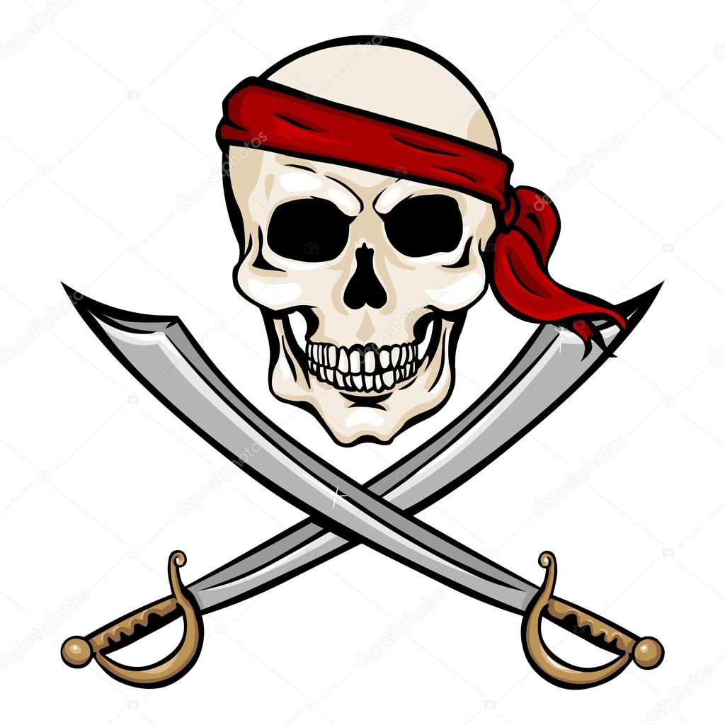 Pirate Skull in Red Bandana with Cross Swords
