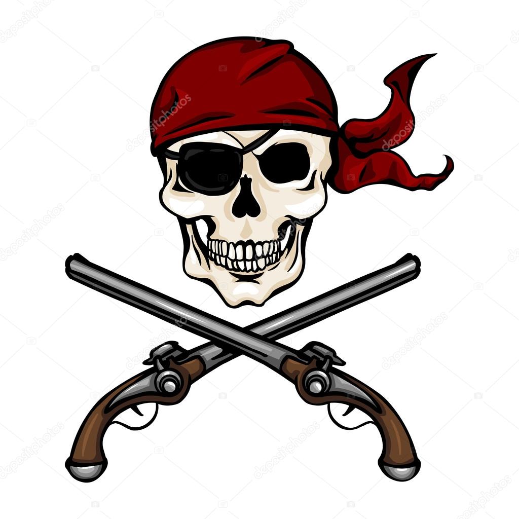 Pirate Skull in Red Bandana with Cross Pistols