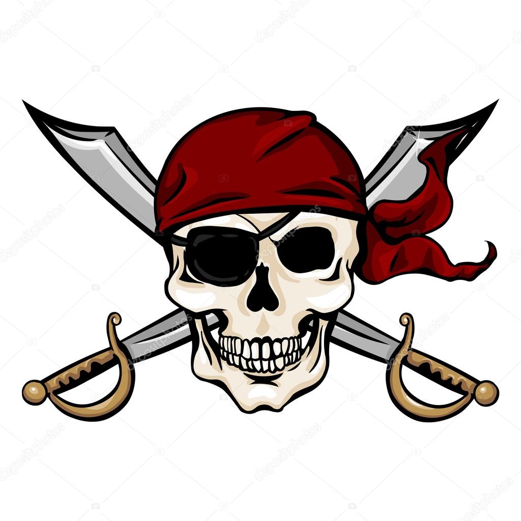 Single Cartoon Pirate Skull in Red Bandana with Cross Swords
