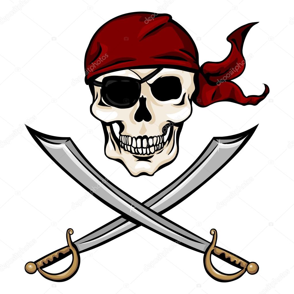 Single Cartoon Pirate Skull in Red Bandana with Cross Swords