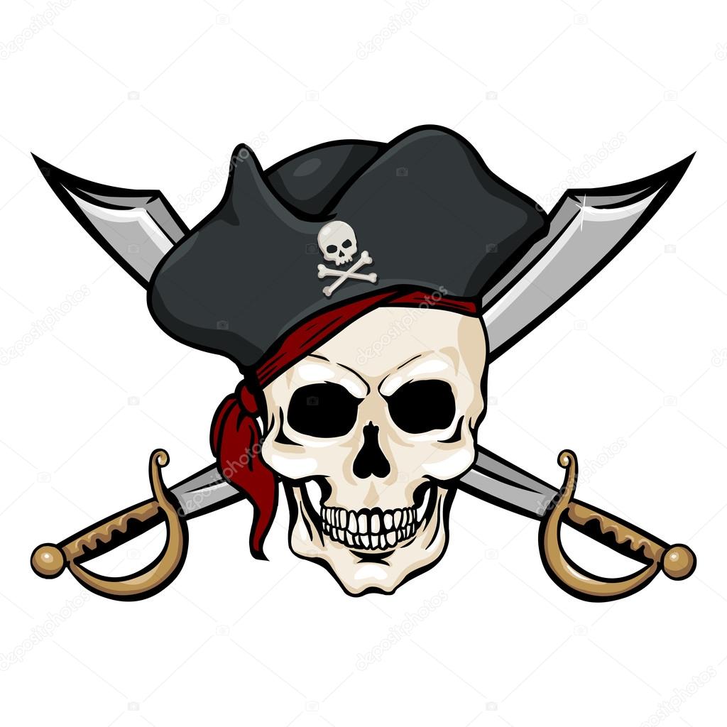 Single Cartoon Pirate Skull in Tricorn with Cross Swords