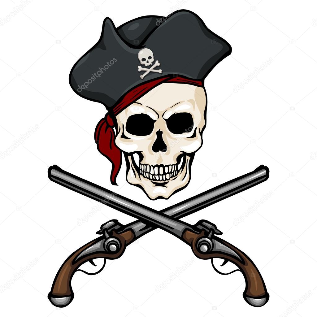 Pirate Skull in Tricorn with Cross Pistols