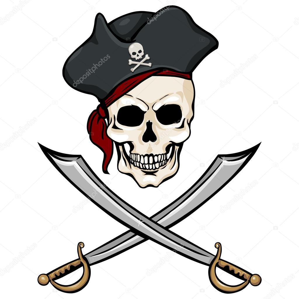 Single Cartoon Pirate Skull in Tricorn with Cross Swords