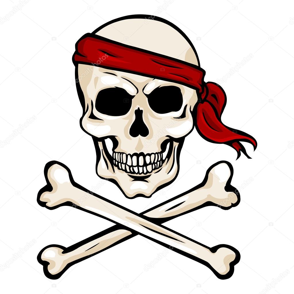 Single Cartoon Pirate Skull in Red Headband with Cross Bones