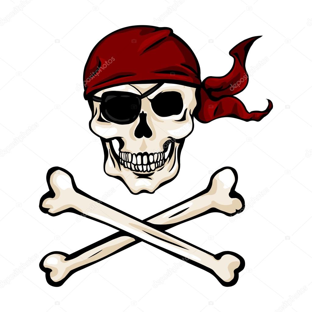 Single Cartoon Pirate Skull in Red Bandana with Cross Bones
