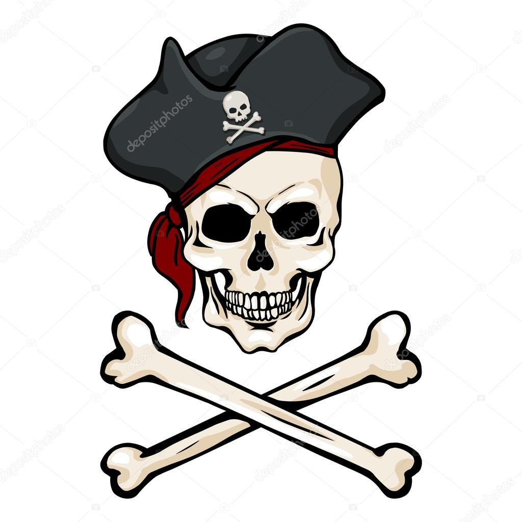 Single Cartoon Pirate Skull in Tricorn with Cross Bones