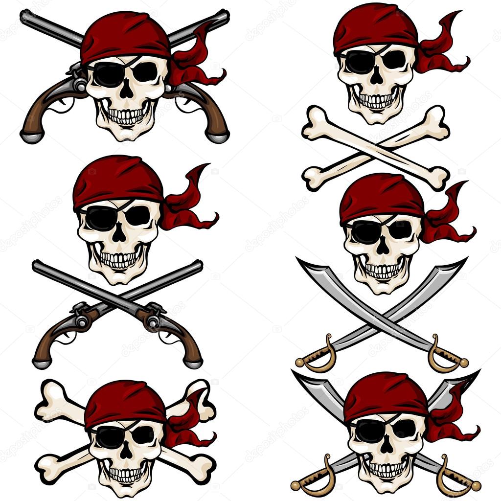 Set of Cartoon Pirate Skulls in Red Bandana