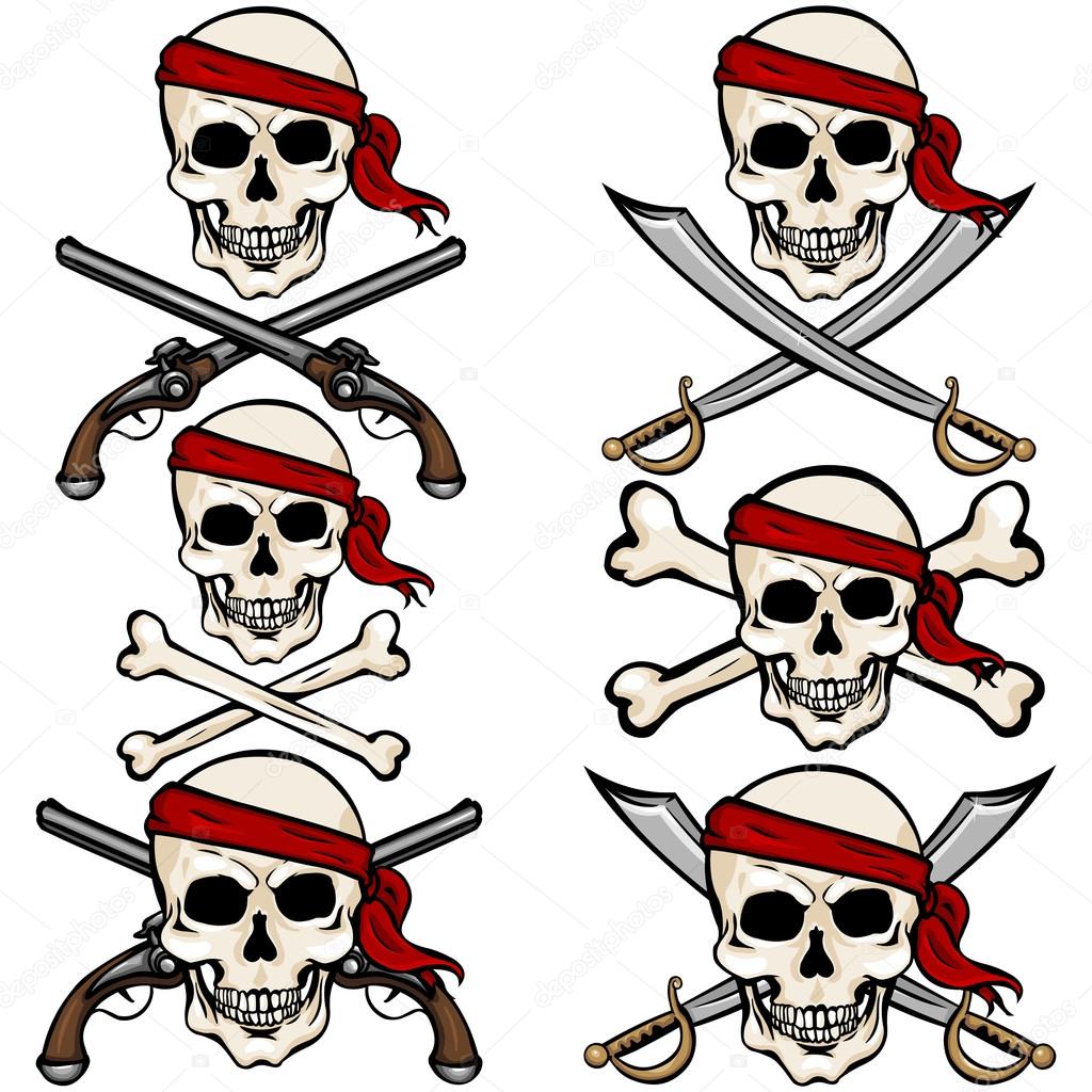 Set of Cartoon Pirate Skulls in Red Headband