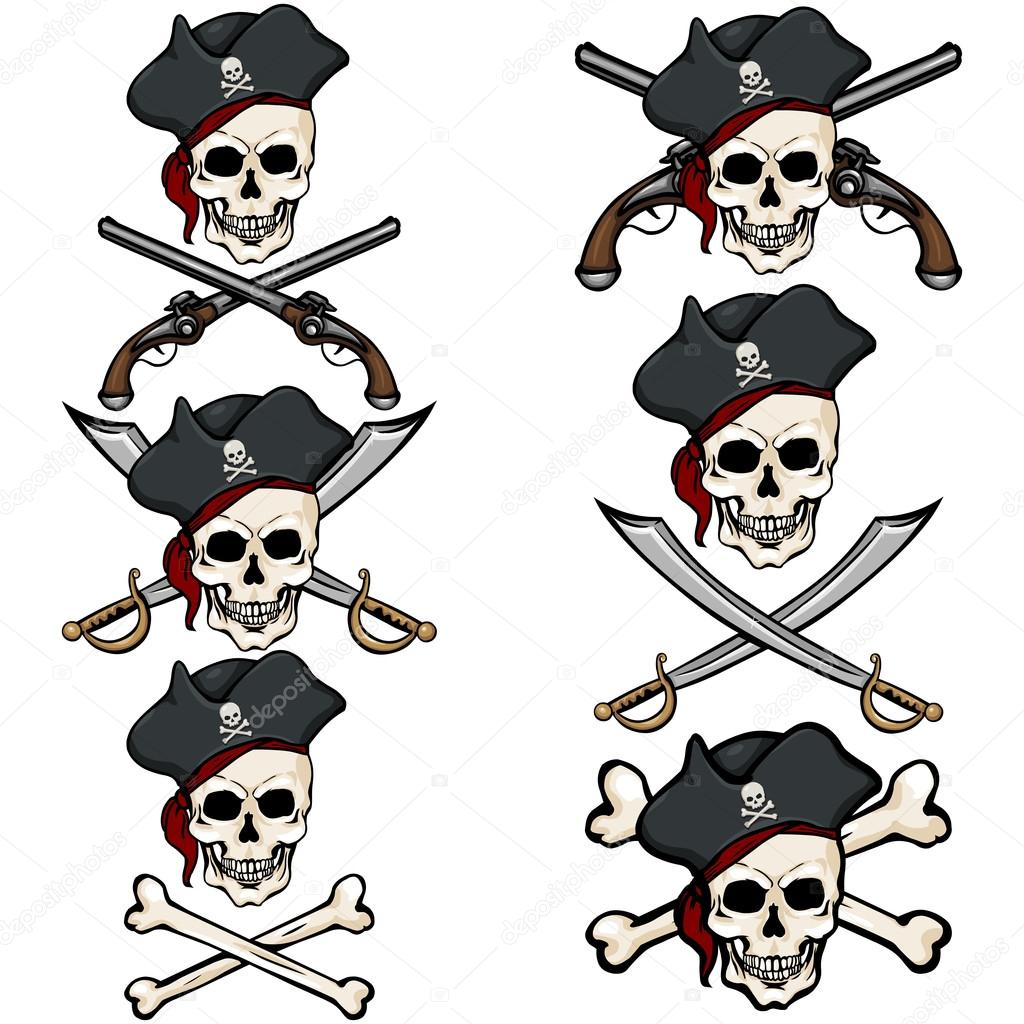 Set of Cartoon Pirate Skulls in Tricorn