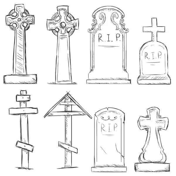 Vector Set of Sketch Cemetery Tombstones — Stock Vector