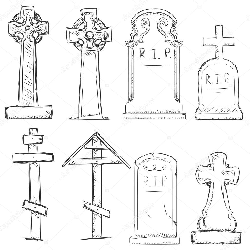 Vector Set of Sketch Cemetery Tombstones