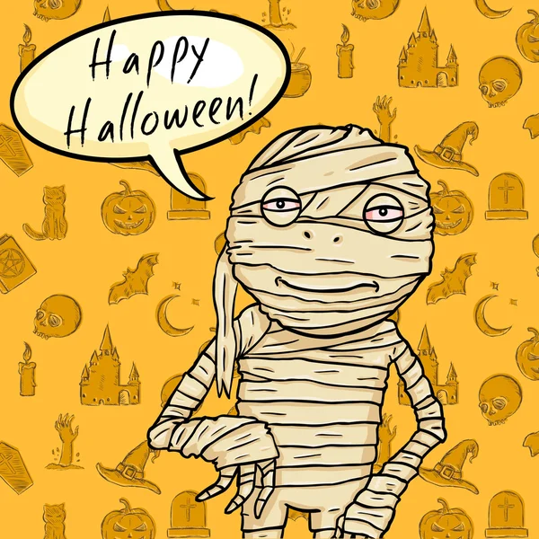 Halloween Postcard. Mummy with Bubble - Happy Halloween — Stock Vector
