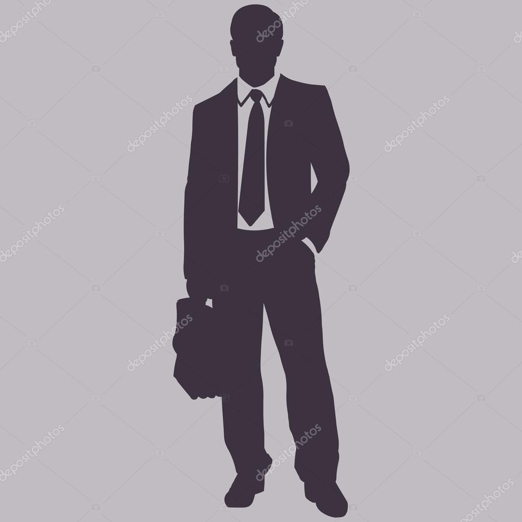 Vector Single Silhouette of Business Man. Man is Standing with Briefcase, One Hand in his Pocket.