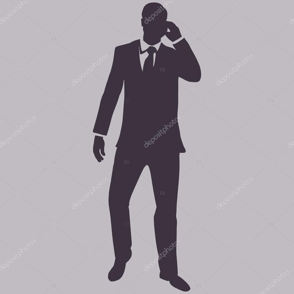 Vector Single Silhouette of Business Man. Man is Walking and Speak on Mobile Phone.
