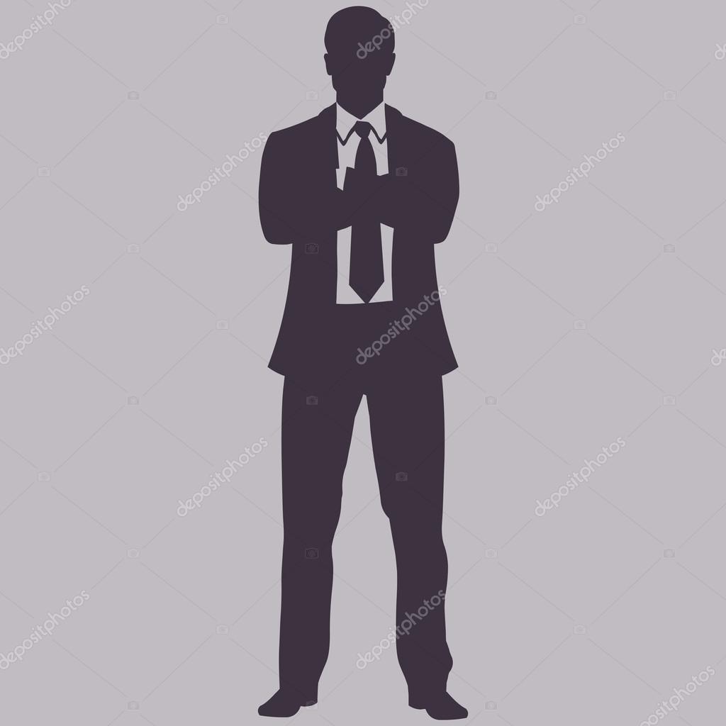Vector Single Silhouette of Business Man. Man is Standing, His Hands crossed on His Chest.