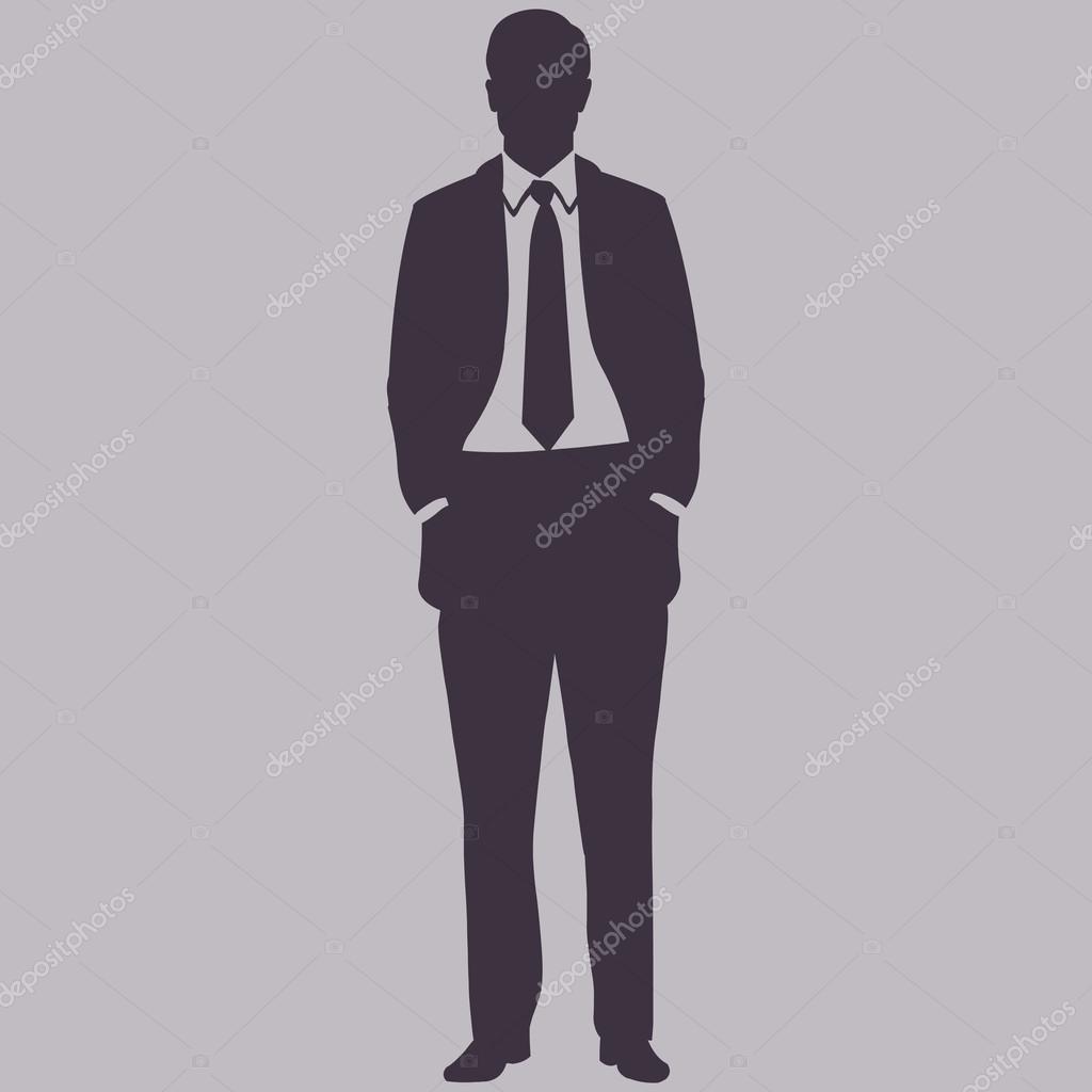 Vector Single Silhouette of Business Man. Man is Standing, His Hands in the Pockets.