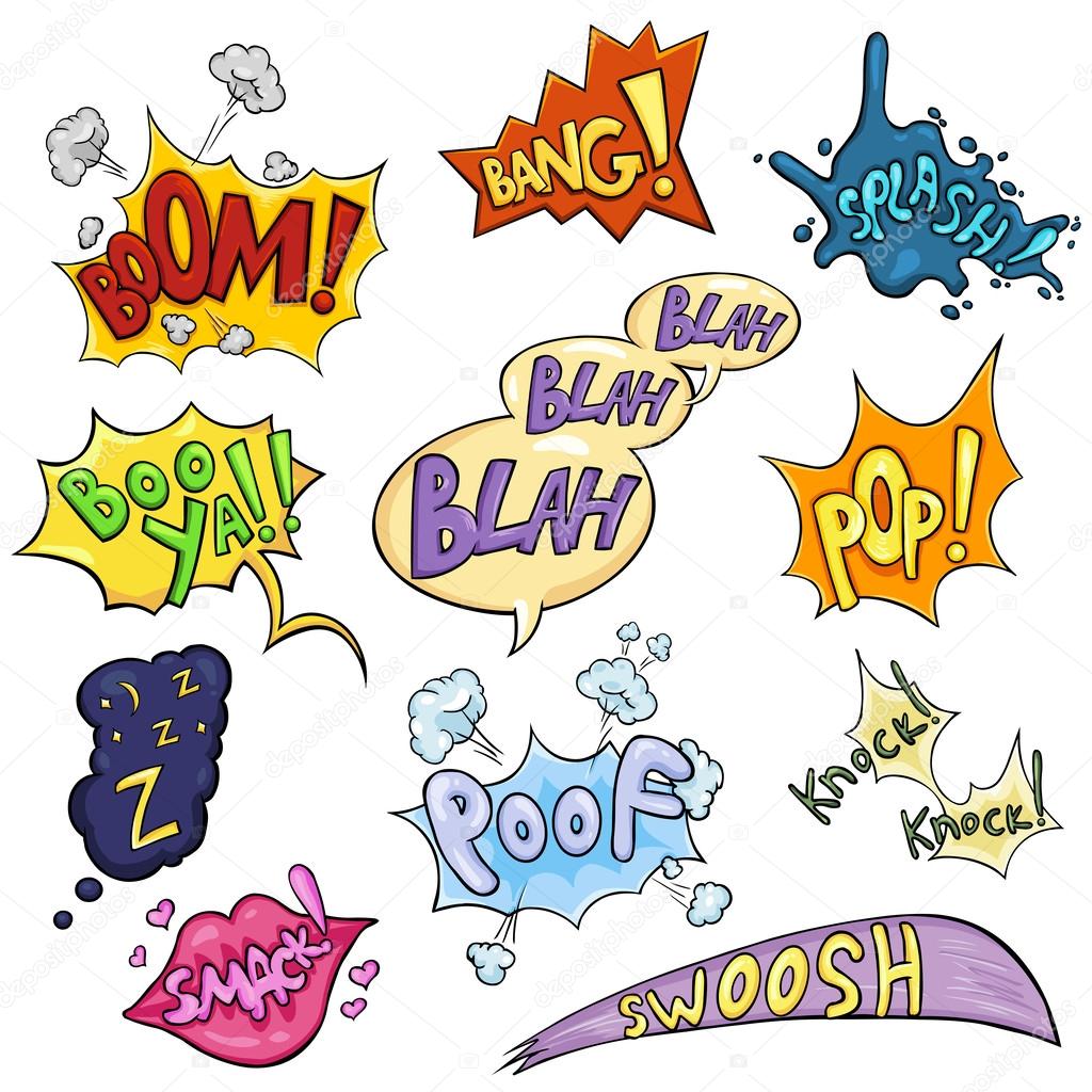 Vector Set of Cartoon Comics Phrases and Effects. Boom, Bang, Splash, Boo ya, Blah-blah-blah, Pop, Z-z-z, Smack, Poof, Knock Knock, Swoosh.