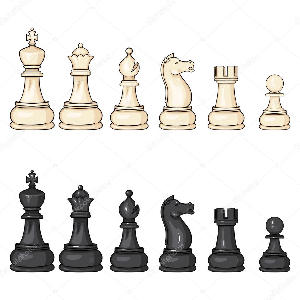 Vector Set of Cartoon Black and White Chess Figures - King, Queen, Bishop, Knight, Rook, Pawn.