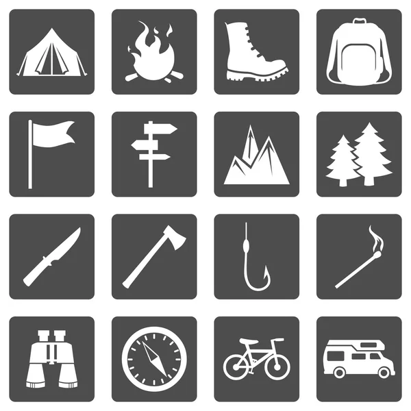 Conjunto de iconos de senderismo y camping — Archivo Imágenes Vectoriales