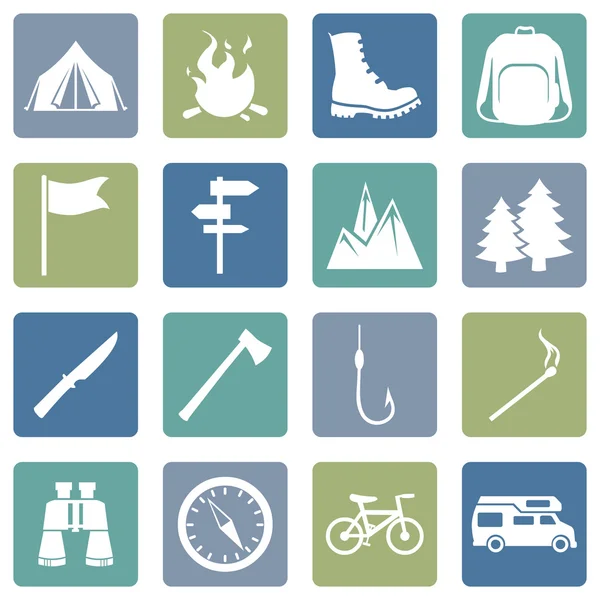 Conjunto de iconos de senderismo y camping — Vector de stock