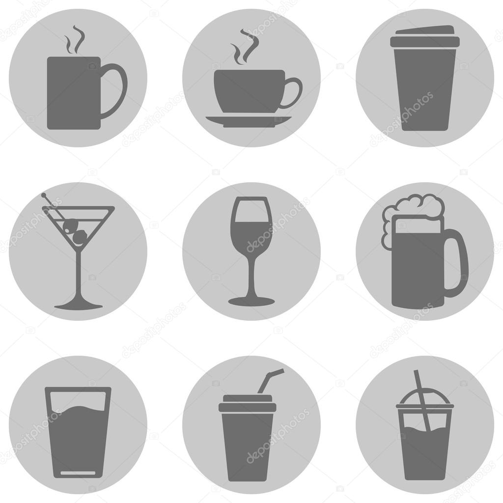 Vector Set of Drinks Icons. Tea, Coffee, Alcohol, Martini, Wine, Beer, Mineral Water, Fizzy Water, Smoothie, Cocktail.