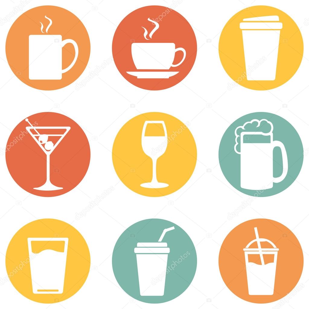 Vector Set of Drinks Icons. Tea, Coffee, Alcohol, Martini, Wine, Beer, Mineral Water, Fizzy Water, Smoothie, Cocktail.