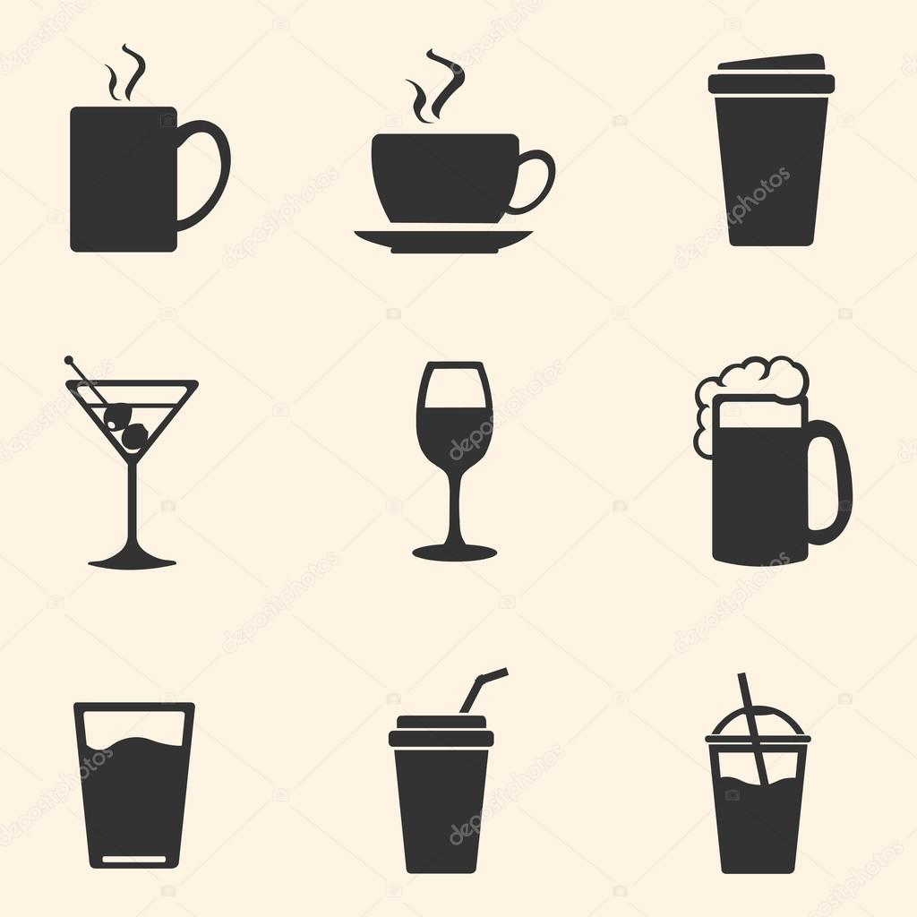 Vector Set of Drinks Icons. Tea, Coffee, Alcohol, Martini, Wine, Beer, Mineral Water, Fizzy Water, Smoothie, Cocktail.