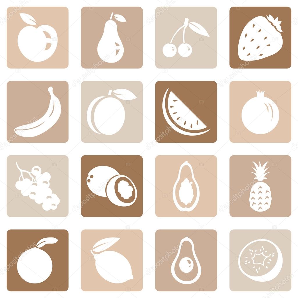 Vector Set of Fruit Icons. Apple, Pear, Cherry, Strawberry, Banana, Peach, Watermelon, Pomegranate, Grapes, Coconut, Papaya, Pineapple, Orange, Lemon, Avocado, Kiwi.